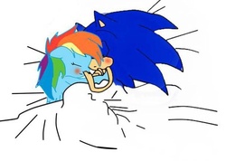 Size: 614x438 | Tagged: safe, artist:kaiamurosesei, rainbow dash, g4, crossover, crossover shipping, cuddling, female, interspecies, male, shipping, sleeping, snuggling, sonic the hedgehog, sonic the hedgehog (series), sonicdash, straight