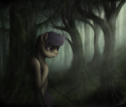 Size: 980x830 | Tagged: dead source, safe, artist:ventious, scootaloo, pegasus, pony, g4, everfree forest, female, forest, scenery, solo