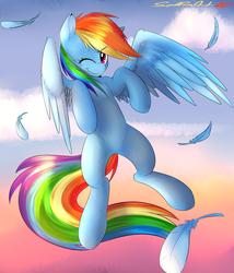 Size: 3000x3500 | Tagged: dead source, safe, artist:spittfireart, rainbow dash, pegasus, pony, g4, cloud, feather, female, flying, high res, looking at you, mare, one eye closed, solo, wink, winking at you