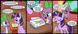 Size: 1500x656 | Tagged: safe, artist:madmax, spike, twilight sparkle, g4, comic, fax machine