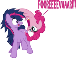 Size: 3231x2450 | Tagged: safe, artist:filiecs, pinkie pie, twilight sparkle, earth pony, pony, unicorn, g4, duo, female, forever, high res, mare, pinkie being pinkie, pinkie physics, simple background, transparent background, unicorn twilight, vector