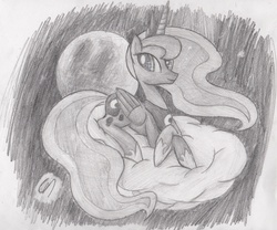 Size: 2850x2376 | Tagged: safe, artist:greeny-nyte, princess luna, alicorn, pony, g4, cloud, female, high res, mare, monochrome, prone, solo, traditional art