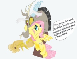 Size: 900x686 | Tagged: safe, artist:fillyblue, artist:sugarbubblegum333, discord, fluttershy, draconequus, pegasus, pony, g4, keep calm and flutter on, 1st keep calm and flutter on picture, duo, female, hape, hilarious in hindsight, hug, male, mare, personal space invasion