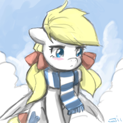 Size: 800x800 | Tagged: safe, artist:johnjoseco, oc, oc only, oc:cloudia, pony, :<, clothes, cloud, cloudy, female, mare, scarf, solo