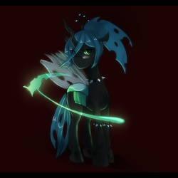 Size: 1027x1027 | Tagged: safe, artist:レイミ, queen chrysalis, changeling, changeling queen, g4, alternate hairstyle, crown, daemon kneesocks, female, glasses, jewelry, panty and stocking with garterbelt, pixiv, ponytail, regalia, scythe