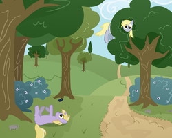 Size: 10000x8000 | Tagged: safe, artist:erockertorres, derpy hooves, dinky hooves, pegasus, pony, unicorn, g4, absurd resolution, dirt road, female, horn, lying down, mare, mother and child, mother and daughter, on back, tree, vector