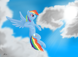 Size: 1200x884 | Tagged: safe, artist:erockertorres, rainbow dash, pegasus, pony, g4, cloud, crepuscular rays, determined, female, flying, mare, signature, sky, solo, spread wings, sun, underhoof, wings