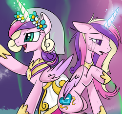 Size: 871x812 | Tagged: safe, artist:lustrous-dreams, princess cadance, queen chrysalis, alicorn, changeling, pony, a canterlot wedding, g4, crying, disguise, disguised changeling, duo, duo female, fake cadance, female, folded wings, mare, messy mane, this day aria, wings
