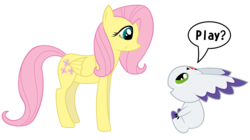 Size: 5000x2800 | Tagged: safe, artist:erockertorres, fluttershy, calumon, pegasus, pony, g4, crossover, digimon, duo, female, mare, simple background, speech bubble, transparent background