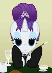 Size: 482x676 | Tagged: safe, artist:thelastgherkin, rarity, pony, unicorn, g4, alternate hairstyle, audrey hepburn, breakfast at tiffany's, cigarette, cigarette holder, clothes, crossover, cup, dress, evening gloves, eyeshadow, female, glass, gloves, hilarious in hindsight, holly golightly, hoof hold, lidded eyes, long gloves, looking at you, makeup, mare, predicting the future, saucer, smiling, smoking, solo, table, tiara