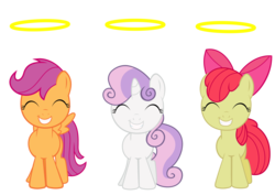 Size: 4213x2980 | Tagged: safe, artist:erockertorres, apple bloom, scootaloo, sweetie belle, pegasus, pony, unicorn, g4, cutie mark crusaders, eyes closed, female, filly, foal, grin, halo, simple background, smiling, transparent background, trio, vector