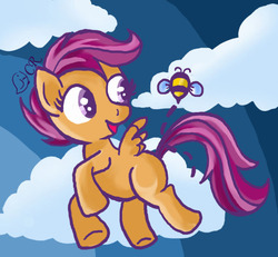 Size: 764x707 | Tagged: safe, artist:ladypixelheart, scootaloo, bee, bumblebee, insect, pegasus, pony, g4, cloud, cloudy, cute, cutealoo, female, filly, flying, foal, scootaloo can fly, solo