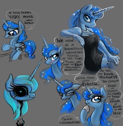 Size: 975x1000 | Tagged: safe, artist:kabukihomewood, princess luna, alicorn, pony, anthro, loony luna, g4, anthro with ponies, black dress, black sclera, blushing, clothes, cute, dress, ethereal mane, filly, hoof on chin, hoof shoes, little black dress, speech bubble, starry mane, text, woona
