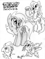 Size: 609x800 | Tagged: safe, artist:kabukihomewood, derpy hooves, pegasus, pony, g4, female, floppy ears, flying, grayscale, letter, love letter, mare, monochrome, mouth hold, muffin, open mouth, pencil drawing, simple background, smiling, solo, spread wings, white background, wings
