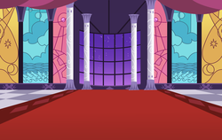 Size: 3743x2360 | Tagged: dead source, safe, artist:wild-hearts, background, canterlot, carpet, checkered floor, high res, night, no pony, pillar, red carpet, scene, scenery, window