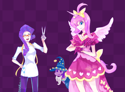Size: 1800x1327 | Tagged: safe, artist:s0901, princess luna, rarity, star swirl the bearded, twilight sparkle, human, g4, luna eclipsed, bow, clothes, deleted scene, dress, glasses, gloves, humanized, measuring tape, pants, pinkluna, rarity's glasses, scissors, shirt, what could have been