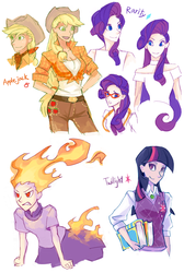 Size: 1160x1722 | Tagged: safe, artist:s0901, applejack, rarity, twilight sparkle, human, g4, bandana, book, front knot midriff, glasses, humanized, midriff, rapidash twilight, sketch dump, sweater vest