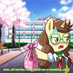 Size: 600x600 | Tagged: safe, artist:madmax, oc, oc only, oc:madmax, pony, unicorn, anime, baka, blatant lies, cherry blossoms, cherry tree, female, flower, flower blossom, hoof hold, mare, ponysona, self portrait, sweatdrop, tree, tsundere, visual novel