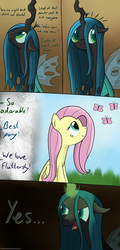 Size: 1024x2126 | Tagged: safe, artist:pexpy, fluttershy, queen chrysalis, changeling, changeling queen, g4, female