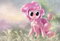 Size: 1920x1298 | Tagged: dead source, safe, artist:rom-art, pinkie pie, earth pony, pony, g4, balloon, cute, dew, diapinkes, female, grass, mare, solo