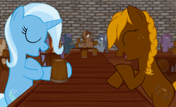 Size: 1381x841 | Tagged: safe, artist:lysis, artist:taggerung, trixie, oc, oc:barrel, earth pony, pony, unicorn, fanfic:in a tavern down by the river, g4, barrel, card, duo focus, fanfic, fanfic art, horn, tankard