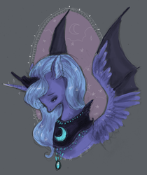 Size: 492x587 | Tagged: dead source, safe, artist:plumbruise, princess luna, alicorn, pony, g4, bust, female, jewelry, looking away, mare, portrait, profile, s1 luna, solo, spread wings, three quarter view, wings