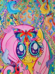 Size: 1711x2284 | Tagged: dead source, safe, artist:elvenjunko, fluttershy, butterfly, pegasus, pony, g4, female, looking at you, mare, psychedelic, smiling, solo, surreal, traditional art