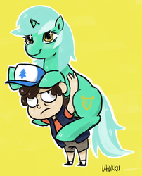 Size: 1012x1250 | Tagged: safe, artist:1eg, lyra heartstrings, g4, crossover, dipper pines, friendshipping, gravity falls, male, piggyback ride, ponies riding humans, riding