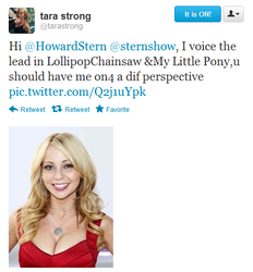 Size: 467x503 | Tagged: safe, human, brony queen, greatest internet moments, howard stern, irl, irl human, photo, tara strong, text, twitter, word of strong
