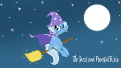 Size: 1920x1080 | Tagged: safe, artist:mlpazureglow, trixie, pony, unicorn, g4, broom, female, flying, flying broomstick, full moon, looking back, mare, moon, night, night sky, open mouth, show accurate, sitting, smiling, solo, sparkles, stars, wallpaper