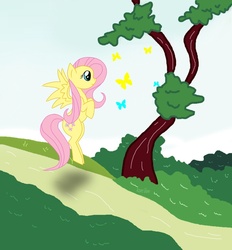 Size: 866x934 | Tagged: safe, artist:mlpazureglow, fluttershy, butterfly, pegasus, pony, g4, animal, female, flying, mare, solo