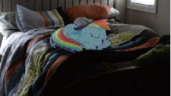 Size: 356x200 | Tagged: safe, artist:oppositebros, rainbow dash, pony, g4, animated, bed, irl, photo, ponies in real life, sleeping, sleepydash, solo