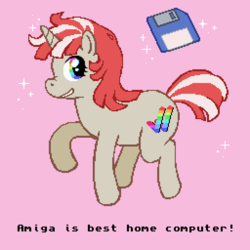 Size: 512x512 | Tagged: safe, artist:corpsecrow, pony, amiga, computer, floppy disk, pink background, ponified, simple background, solo