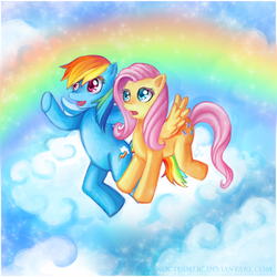 Size: 800x800 | Tagged: safe, artist:noctudelic, fluttershy, rainbow dash, pegasus, pony, g4, cloud, duo, female, mare, rainbow