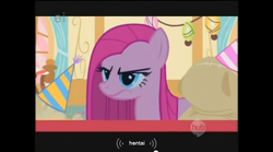 Size: 854x475 | Tagged: safe, screencap, madame leflour, pinkie pie, sir lintsalot, pony, g4, my little pony: friendship is magic, party of one, ei, hentai, hub logo, pinkamena diane pie, youtube caption