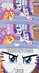 Size: 998x1871 | Tagged: safe, apple bloom, rarity, scootaloo, sweetie belle, earth pony, pegasus, pony, unicorn, g4, comic, cutie mark crusaders, dialogue, family guy, female, filly, foal, male, mare, poop, speech bubble, sweetiepoo