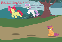 Size: 731x500 | Tagged: safe, apple bloom, scootaloo, sweetie belle, earth pony, pegasus, pony, unicorn, g4, cutie mark crusaders, female, filly, scootabuse, scootaloo can't fly, tree