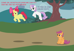 Size: 731x500 | Tagged: safe, apple bloom, scootaloo, sweetie belle, earth pony, pegasus, pony, unicorn, g4, cutie mark crusaders, female, filly, grammar error, scootabuse, scootaloo can't fly, tree