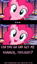 Size: 636x1100 | Tagged: safe, artist:bronysaurussense, edit, edited screencap, screencap, pinkie pie, g4, sweet and elite, ..., cute, diapinkes, fourth wall, happy, hi anon, implied twilight sparkle, meme, meme origin, pink text, smiling, the fourth wall cannot save you
