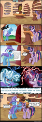 Size: 1230x3528 | Tagged: safe, artist:ohthatandy, trixie, twilight sparkle, pony, g4, annoyed, bipedal, bucking, comic, eyes closed, frown, glare, glowing horn, golden oaks library, grin, gritted teeth, hoofy-kicks, horn, magic, raised hoof, reading, sissy slap fight, smiling, smirk, wide eyes