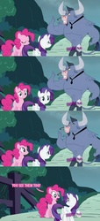 Size: 839x1848 | Tagged: safe, edit, edited screencap, screencap, iron will, pinkie pie, rarity, earth pony, minotaur, pony, unicorn, g4, putting your hoof down, comic, dialogue, female, fourth wall, hub logo, hubble, looking at you, male, mare, microphone, necktie, nose piercing, nose ring, piercing, screencap comic, septum piercing, smiling, thumbs up, trio