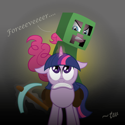 Size: 4510x4500 | Tagged: safe, artist:anders-art, pinkie pie, twilight sparkle, pony, unicorn, g4, absurd resolution, clothes, costume, creeper (minecraft), crossover, diamond pickaxe, duo, female, magic, mare, minecraft, pickaxe, telekinesis, unicorn twilight