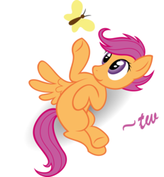 Size: 3936x4264 | Tagged: safe, artist:anders-art, scootaloo, butterfly, pegasus, pony, g4, animal, cute, female, filly, foal, mare, simple background, solo, transparent background