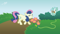 Size: 8000x4500 | Tagged: safe, artist:anders-art, bon bon, lyra heartstrings, sweetie drops, earth pony, pony, unicorn, g4, absurd resolution, eyes closed, female, flower, hose, mare, prank