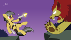 Size: 8000x4500 | Tagged: safe, artist:anders-art, daring do, manticore, pegasus, pony, g4, absurd resolution, crossover, desert eagle, duo, female, gun, guns akimbo, mare, muzzle flash, solo, tomb raider, weapon, wingless