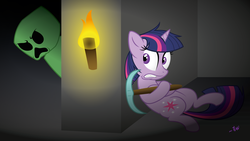 Size: 8000x4500 | Tagged: dead source, safe, artist:anders-art, twilight sparkle, pony, unicorn, g4, absurd resolution, creeper (minecraft), crossover, diamond pickaxe, female, hiding, mare, minecraft, pickaxe, scared, solo, torch, unicorn twilight