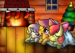 Size: 900x638 | Tagged: dead source, safe, artist:sweetscribblez, apple bloom, scootaloo, sweetie belle, earth pony, pegasus, pony, unicorn, g4, candy, candy cane, chocolate, christmas tree, cutie mark crusaders, female, filly, fireplace, foal, food, hot chocolate, sleeping, snow, snowfall, tree