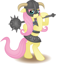 Size: 2515x2758 | Tagged: safe, artist:anders-art, fluttershy, pony, g4, armor, bipedal, clothes, costume, crossover, dovahshy, female, helmet, high res, mace, skyrim, solo, the elder scrolls, weapon