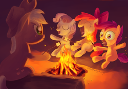 Size: 1925x1350 | Tagged: dead source, safe, artist:chimicherrychonga, apple bloom, applejack, scootaloo, sweetie belle, earth pony, pegasus, pony, unicorn, g4, burning, campfire, cutie mark crusaders, female, filly, fire, foal, group, mare, marshmallow, quartet, sitting, tongue out