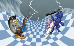 Size: 1280x800 | Tagged: safe, artist:cave-shinobi, discord, princess celestia, princess luna, g4, checkered floor, fight, filly, lightning, pink-mane celestia, younger